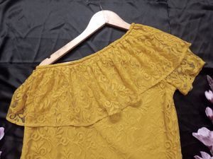 One Shoulder Lace work Mustard Top
