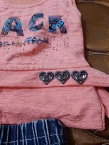 Girls Pink Top &amp; Denim Skirt Set