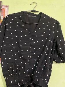 Charcoal Polka Dot Tie-Front Blouse
