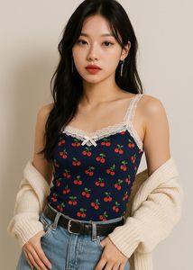 🍒y2k cherry Prints Lace Details Tank Top