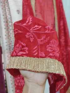 Embroidery Red Dupatta With Gold Zari Border