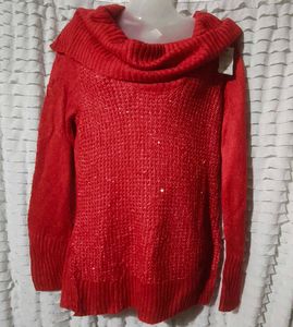 China Red Cowl Neck Sparkly Sweater