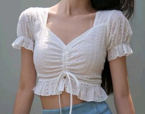 White Eyelet Tie-Front Crop Top