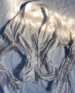 Satin White Ruched Button-Up Top