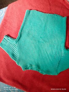 Sea Green Ribbed Nit Tops For Women