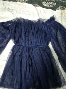 Navy Blue Tulle Off-Shoulder Top