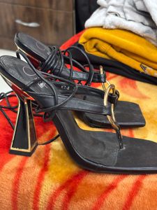 Black Heeled Sandals with Gold Detail