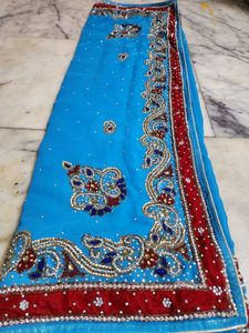 Elegant Blue Embroidered Saree