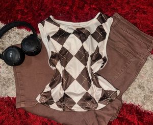 y2k print pinteresty brown and creme crop top