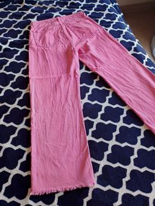 Pink Frayed Hem Wide Leg Jeans