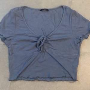 Blue Ribbed Tie-Front Crop Top