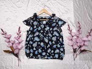 Frilled Neck Bubble Printed See-through top