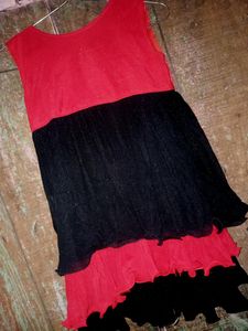 Black - Red Combo Three Layer Pattern Sleeve Less Top