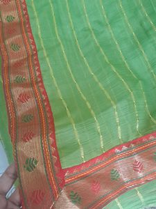 Green Chiffon Saree with Red stone blouse piece