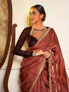 Customised Glossy Organza Saree Copper Colored
