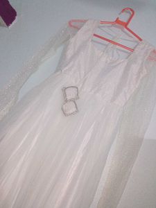 White Full Length Ethnic Gown With Organza Chunni