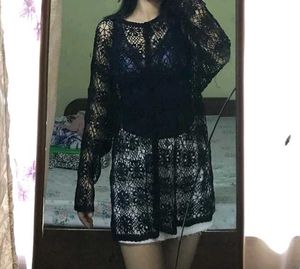 Black Crochet Button-Down Top