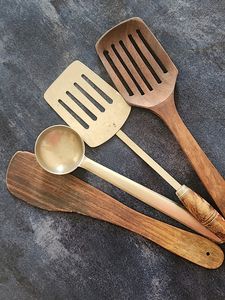 Combination Of 2 Wooden Spatulas and Steel Karchi