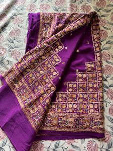 pure crepe phulkari embroidery saree