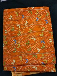 Orange Leaf Print Sari with Lace Border