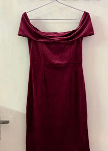 Elegant Maroon Velvet Off-Shoulder Dress