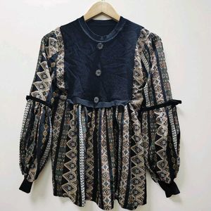 Patterned Button-Front Blouse