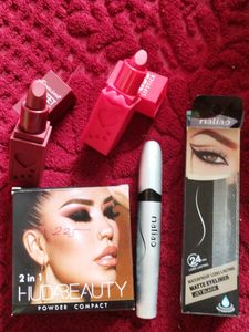 Combo Of 2 In 1 Compact, Maliao Matt Eyeliner  And You 2 Shades Of Lipstick Red And Wine Colour