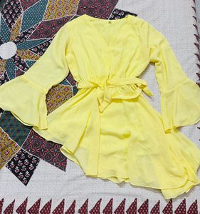 Lemon Glow Flared Sleeve Fit &amp; Flare Dress Top 🌼