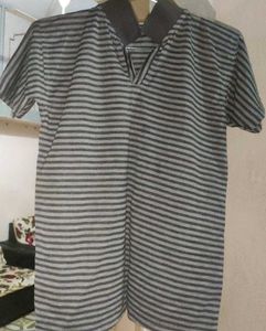 Men Striped Polo Neck Polyester Black T Shirt