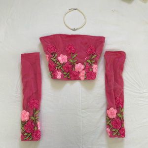 3D Rose Satin Corset Tube Top with Net Gloves