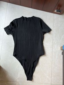 Black Textured Bodysuit Top