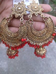 Statement Gold &amp; Red Jhumka Earrings