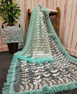 💚 Stylish Sea Green Mirror Work Saree with Stitch