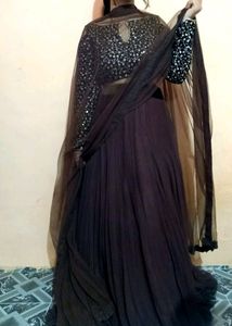 Maroon &amp; Gold Embroidered Cold Shoulder Gown