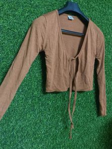Brown Tie-Front Long Sleeve Top