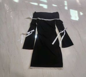 Strapless,Off Shoulder Lace Bow Mini  Black Dress