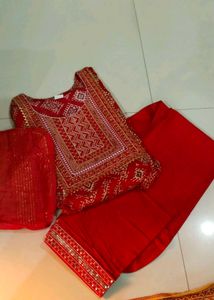 Red Embroidered Kurti Pant Set