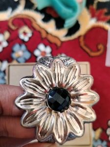 Black Stone Studded Flower Oxidised Hand Bracelet