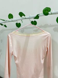 Pink Lace Trim Long Sleeve Top