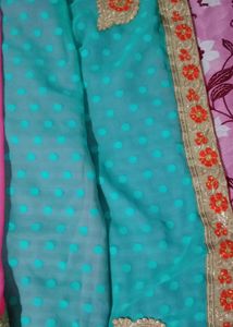 Pink &amp; Sky Blue Colour Saree With Golden Floral Border