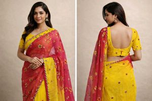 Elegant pink  & Yellow Floral Saree with blouse (3
