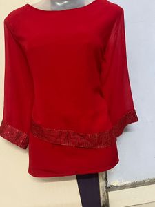 Cottinfab Branded Red Sequence Plus Size Top