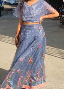 Blue Embroidered Crop Top and Skirt Set