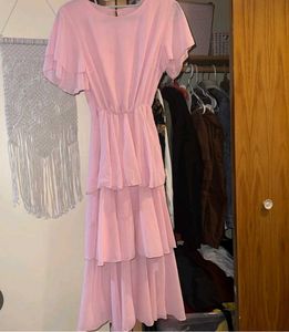 Pink Ruffled Tiered Midi Dress