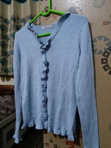 Light Blue Ruffle Trim Cardigan