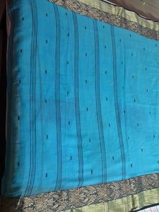 Cyan Color Saree with (blue) Gold Border