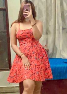 Orange Floral Print Lace up back Crepe Dress