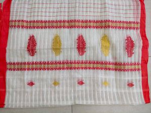 Red &amp; White Assamese Mekhala Chador(Without Blouse