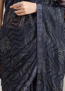 Koskii Navy Blue Floral Stonework Chiffon Saree