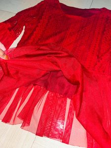 Elegant Red Lace &amp; Net Flared Top